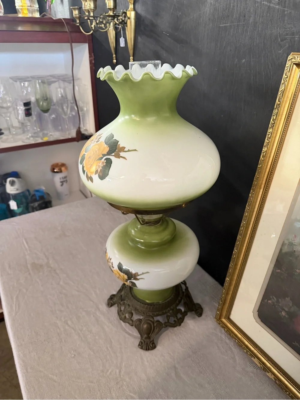 Vintage Floral Hurricane Lamp in Yellow, Green & White